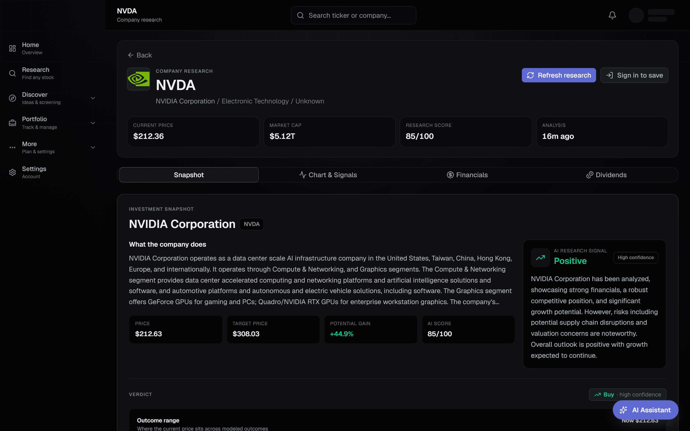 AerInvest company research screen — live NVDA analysis with fair value, research score, and AI signal