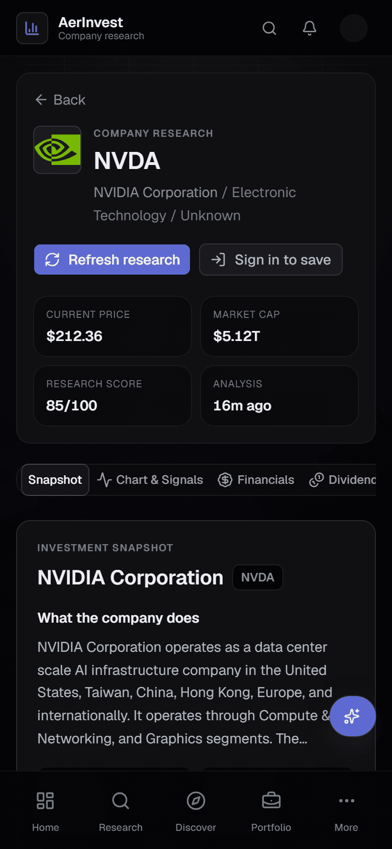 AerInvest company research screen — live NVDA analysis on mobile