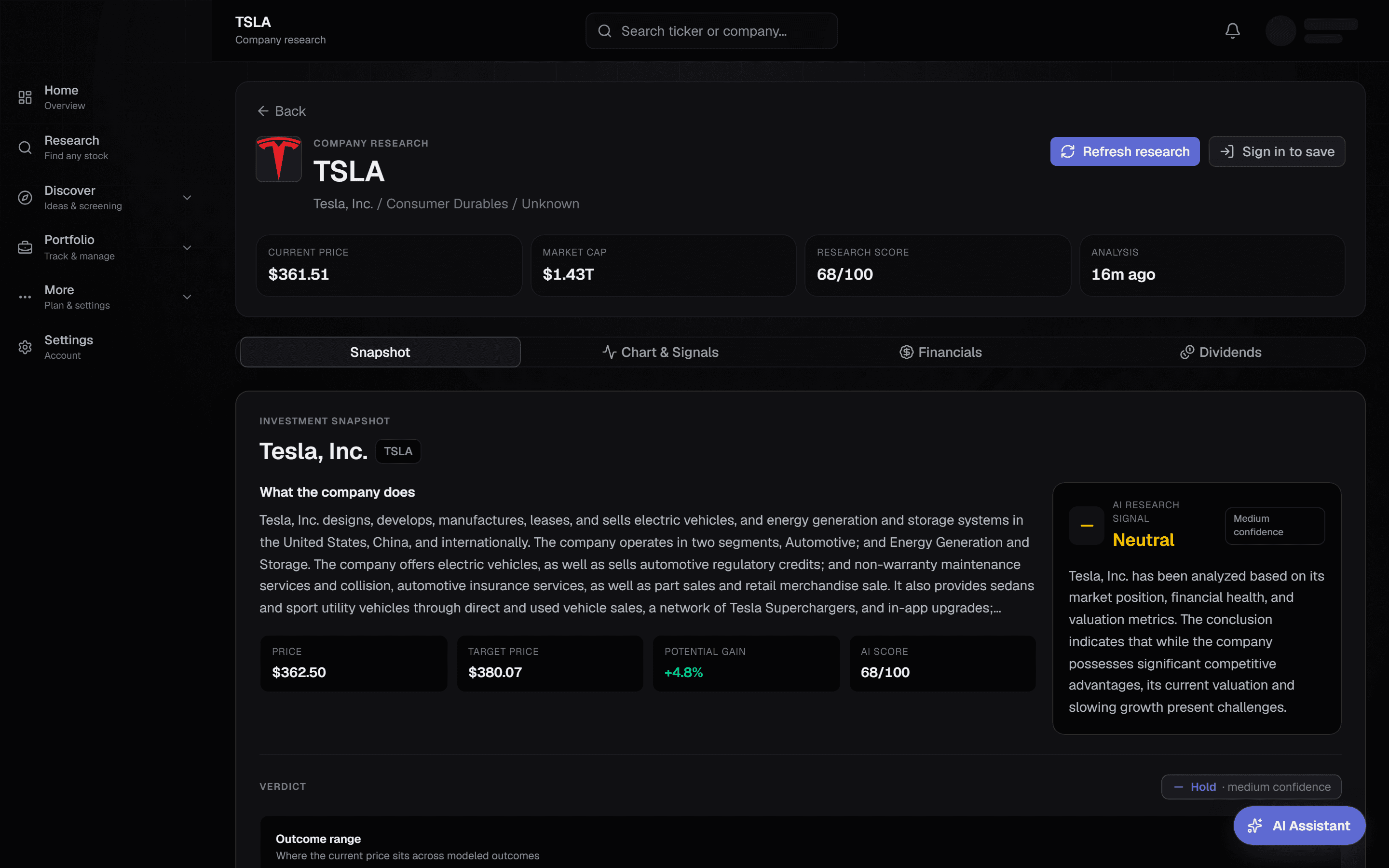 AerInvest — one screen combining charts, fundamentals, filings and AI research