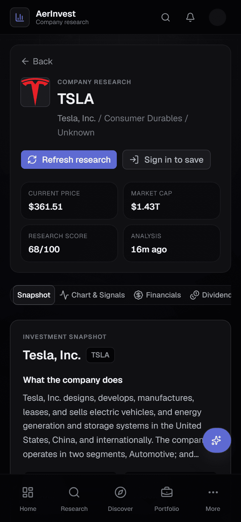 AerInvest — one screen combining charts, fundamentals, filings and AI research